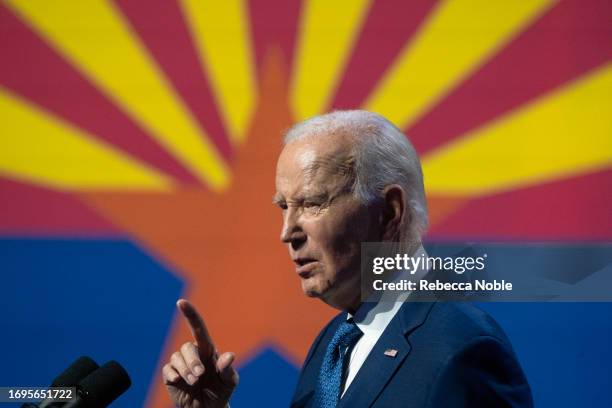 President Joe Biden gives a speech at the Tempe Center for the Arts on September 28, 2023 in Tempe, Arizona. Biden delivered remarks on protecting...