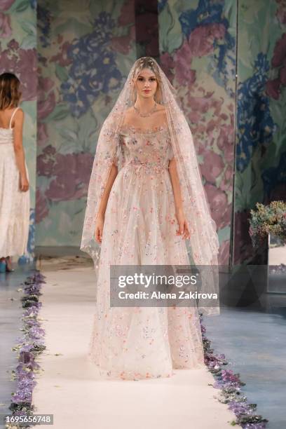 Model walks the runway at the Luisa Beccaria fashion show during the Milan Fashion Week Womenswear Spring/Summer 2024 on September 22, 2023 in Milan,...