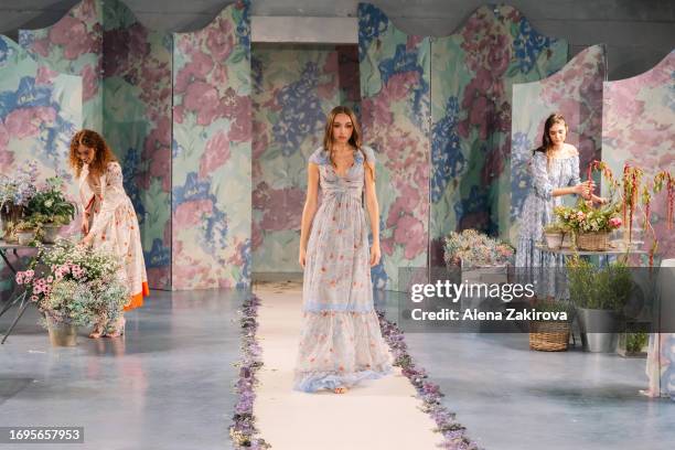 Model walks the runway at the Luisa Beccaria fashion show during the Milan Fashion Week Womenswear Spring/Summer 2024 on September 22, 2023 in Milan,...