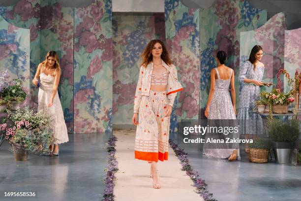 Model walks the runway at the Luisa Beccaria fashion show during the Milan Fashion Week Womenswear Spring/Summer 2024 on September 22, 2023 in Milan,...