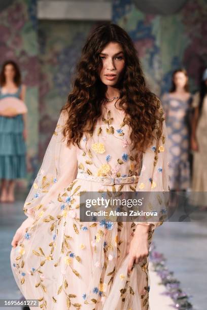 Model walks the runway at the Luisa Beccaria fashion show during the Milan Fashion Week Womenswear Spring/Summer 2024 on September 22, 2023 in Milan,...