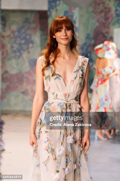 Model walks the runway at the Luisa Beccaria fashion show during the Milan Fashion Week Womenswear Spring/Summer 2024 on September 22, 2023 in Milan,...