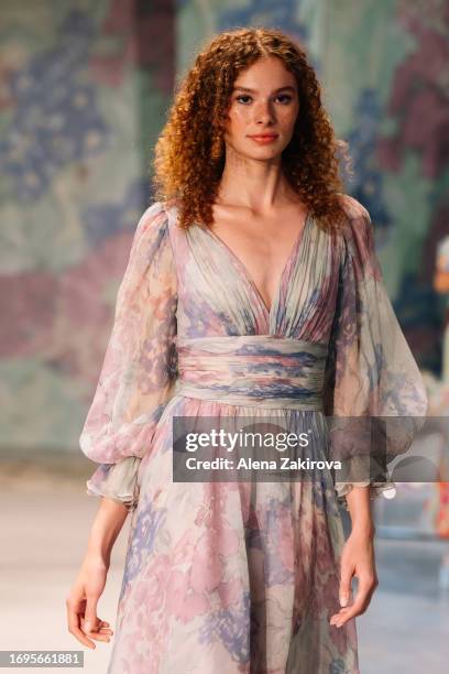 Model walks the runway at the Luisa Beccaria fashion show during the Milan Fashion Week Womenswear Spring/Summer 2024 on September 22, 2023 in Milan,...