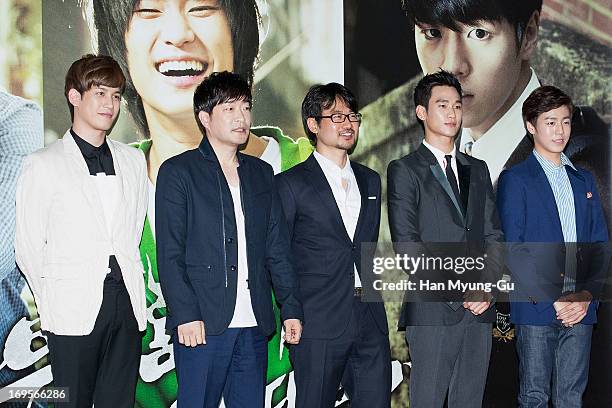 South Korean actors Park Ki-Woong, Son Hyun-Joo , Kim Soo-Hyun and Lee Hyun-Woo attend the 'Secretly Greatly' press screening at Mega Box on May 27,...