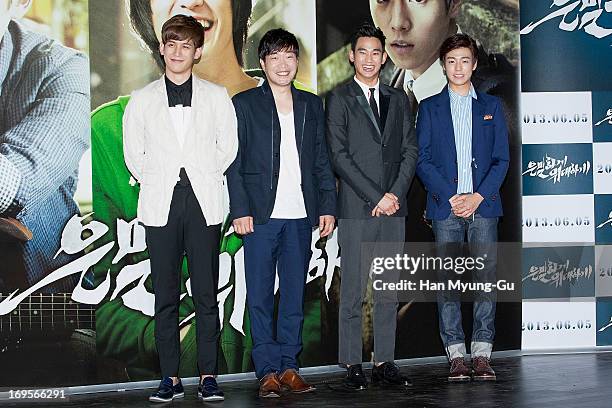 South Korean actors Park Ki-Woong, Son Hyun-Joo , Kim Soo-Hyun and Lee Hyun-Woo attend the 'Secretly Greatly' press screening at Mega Box on May 27,...
