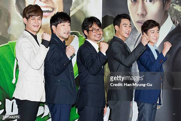 South Korean actors Park Ki-Woong, Son Hyun-Joo , Kim Soo-Hyun, Lee Hyun-Woo and director Jang Cheol-Soo attend the 'Secretly Greatly' press...