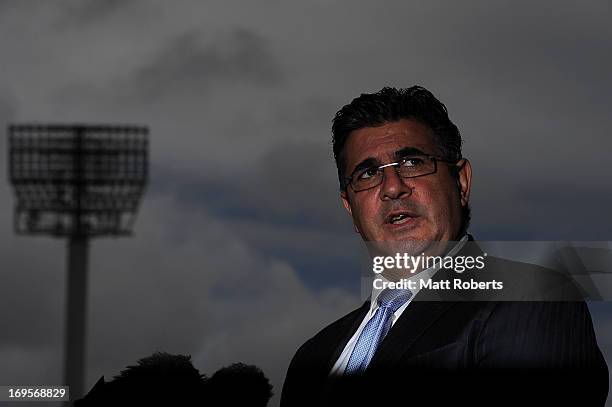 Andrew Demetriou talks to the media at a press conference at Metricon Stadium on May 28, 2013 on the Gold Coast, Australia.