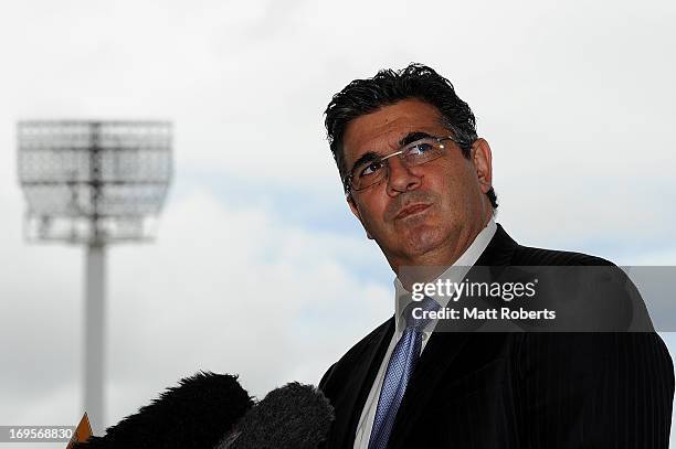 Andrew Demetriou talks to the media at a press conference at Metricon Stadium on May 28, 2013 on the Gold Coast, Australia.