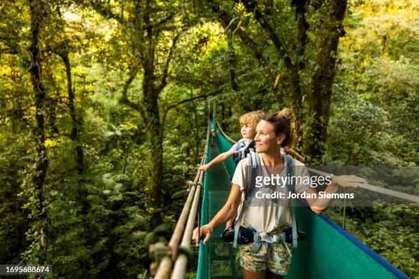 a family hiking across a suspension bridge in costa rica. - senderismo fotografías e imágenes de stock