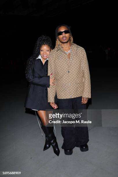 Halle Bailey and DDG are seen at Gucci Ancora during Milan Fashion Week on September 22, 2023 in Milan, Italy.