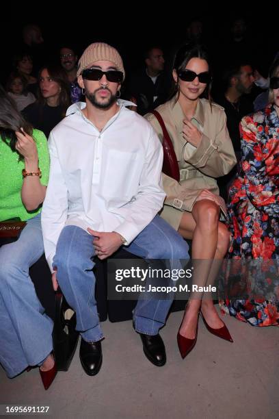 Bad Bunny and Kendall Jenner are seen at Gucci Ancora during Milan Fashion Week on September 22, 2023 in Milan, Italy.