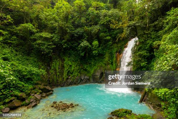 a family looking at rio celeste waterfall in costa rica. - costa-rica photos et images de collection