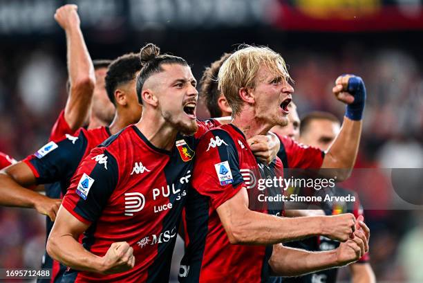Morten Thorsby of Genoa celebrates with his team-mate Radu Dragusin after scoring a goal during the Serie A TIM match between Genoa CFC and AS Roma...