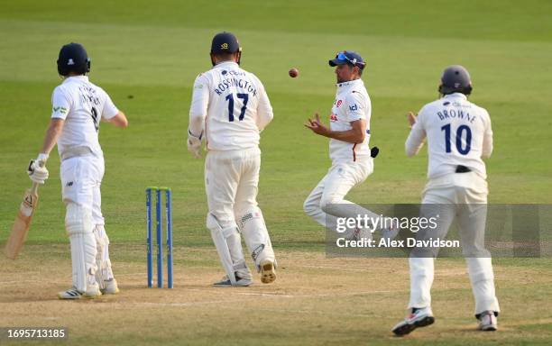 Sir Alastair Cook of Essex drops Liam Dawson of Hampshire during Day Four of the LV= Insurance County Championship Division 1 match between Essex and...