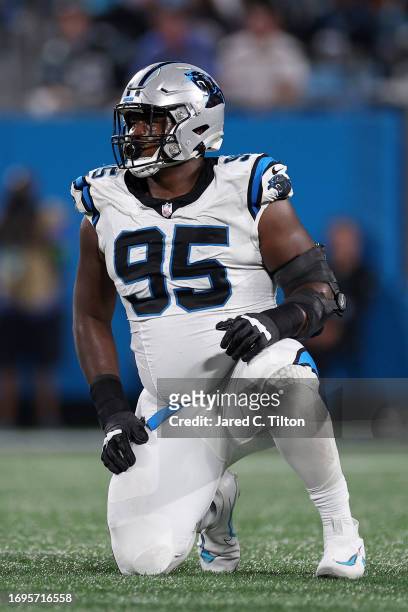 Derrick Brown of the Carolina Panthers prepares for the snap during the second half of a game against the New Orleans Saints at Bank of America...