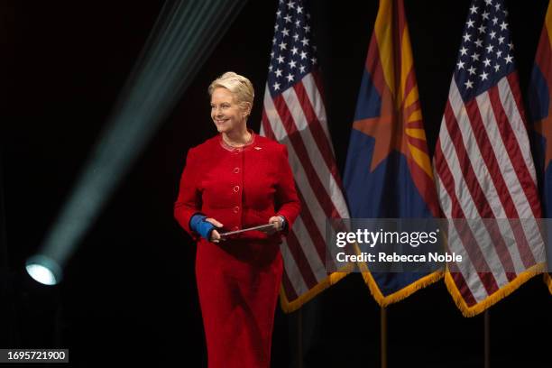 Cindy McCain, Executive Director of the U.N. World Food Programme and widow of US Senator John McCain, takes the stage prior to President Joe Biden's...