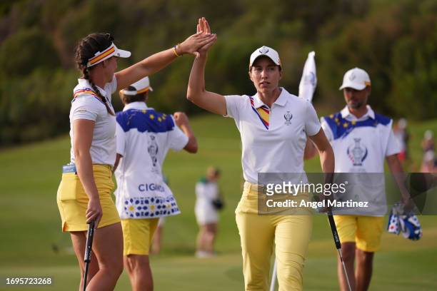 Carlota Ciganda of Team Europe reacts to a putt on the 14th green during Day One of The Solheim Cup at Finca Cortesin Golf Club on September 22, 2023...