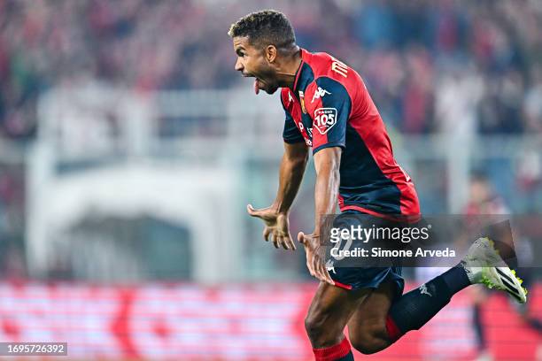 Junior Messias of Genoa celebrates after scoring a goal during the Serie A TIM match between Genoa CFC and AS Roma at Stadio Luigi Ferraris on...