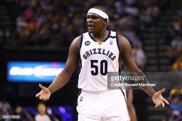 Zach Randolph of the Memphis Grizzlies reacts in the third quarter while taking on the San Antonio Spurs during Game Four of the Western Conference...