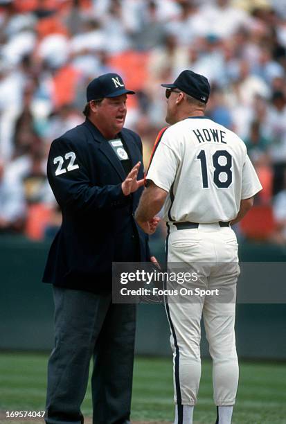 Manager Art Howe of the Houston Astros argues with the home-plate umpire Joe West during an Major League Baseball game circa 1993. Howe managed the...