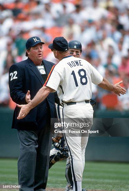 Manager Art Howe of the Houston Astros argues with the home-plate umpire Joe West during an Major League Baseball game circa 1993. Howe managed the...