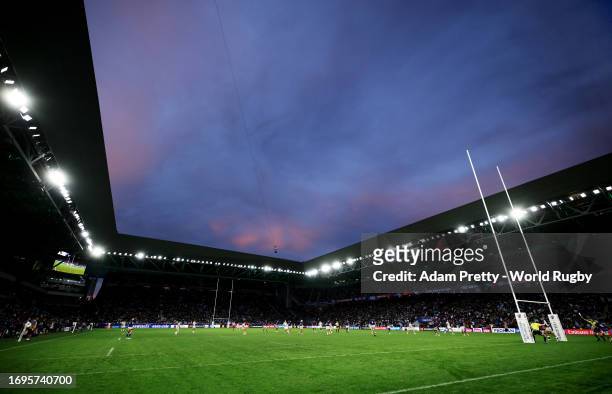 General view of play during the Rugby World Cup France 2023 match between Argentina and Samoa at Stade Geoffroy-Guichard on September 22, 2023 in...