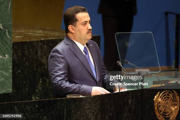 Iraqi Prime Minister Mohammed Shia al-Sudani addresses world leaders during the United Nations General Assembly on September 22, 2023 in New York...