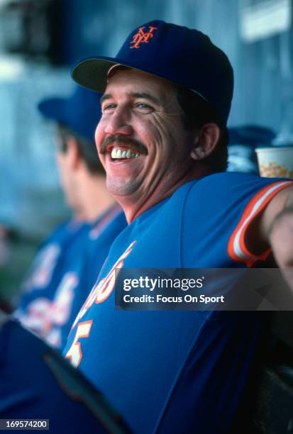Manager Davey Johnson of New York Mets looks on from the dugout during an Major League Baseball game circa 1985. Johnson managed the Mets from...