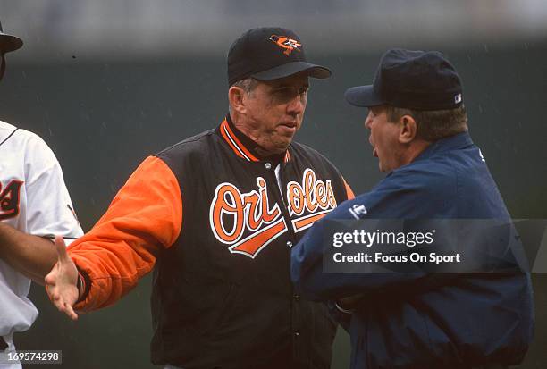 Manager Davey Johnson of Baltimore Orioles argues with an umpire during a Major League Baseball game circa 1996 at Oriole Park at Camden Yards in...