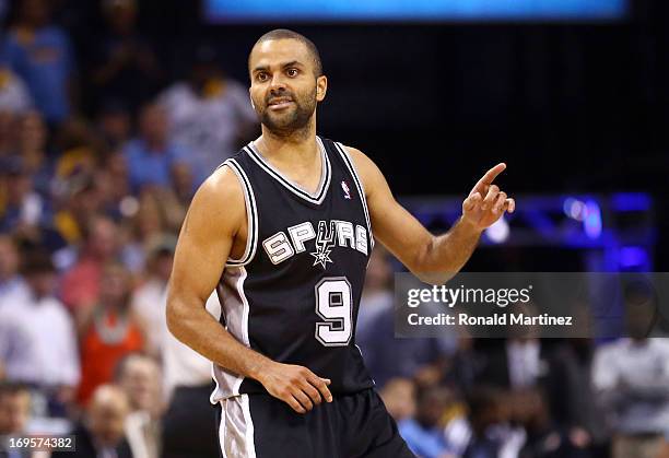 Tony Parker of the San Antonio Spurs reacts in the fourth quarter while taking on the Memphis Grizzlies during Game Four of the Western Conference...