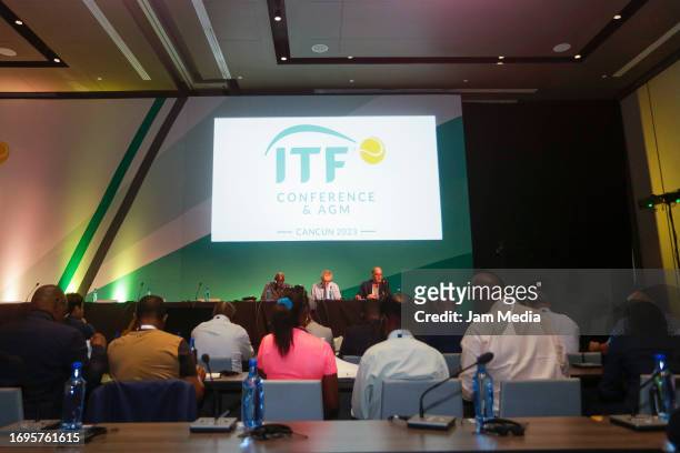 Usas Mboup of Senegal, Tarak Cherif of Tunisia and Hichem Riani of Tunisia speak during the '2023 ITF Annual General Meeting at Grand Palladium Costa...