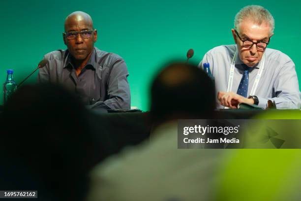 Usas Mboup of Senegal, Tarak Cherif of Tunisia speak during the '2023 ITF Annual General Meeting at Grand Palladium Costa Mujeres hotel on September...