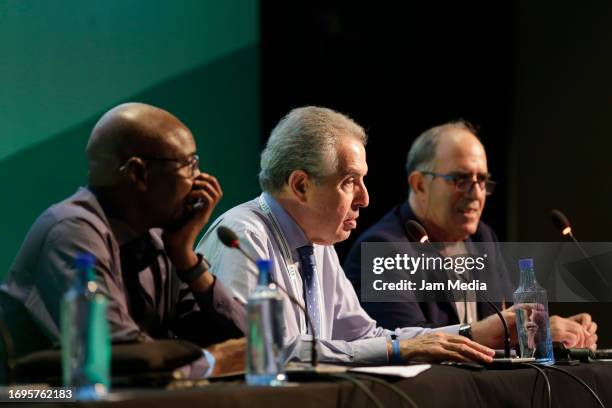 Usas Mboup of Senegal, Tarak Cherif of Tunisia and Hichem Riani of Tunisia speak during the '2023 ITF Annual General Meeting at Grand Palladium Costa...