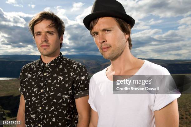 Keith Jeffery and Michael Jeffery of Atlas Genius pose for a portrait backstage during Sasquatch! Music Festival 2013 at the Gorge Amphitheater on...