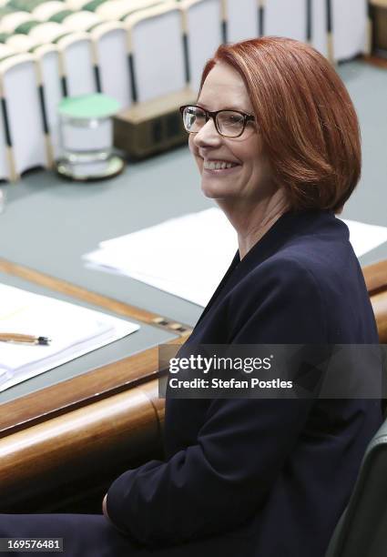 Prime Minister Julia Gillard smiles during House of Representatives question time on May 28, 2013 in Canberra, Australia. Prime Minister Gillard...