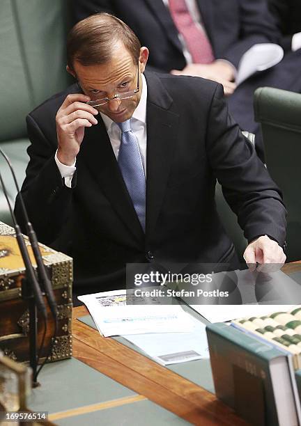Opposition Leader Tony Abbott looks on during House of Representatives question time on May 28, 2013 in Canberra, Australia. Prime Minister Gillard...