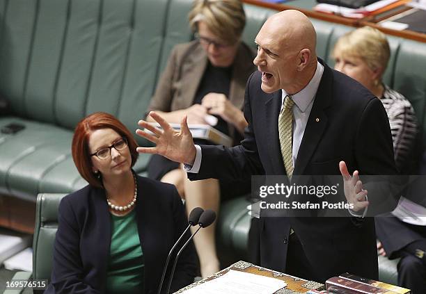 Minister for School Education, Early Childhood and Youth Peter Garrett talks during House of Representatives question time on May 28, 2013 in...