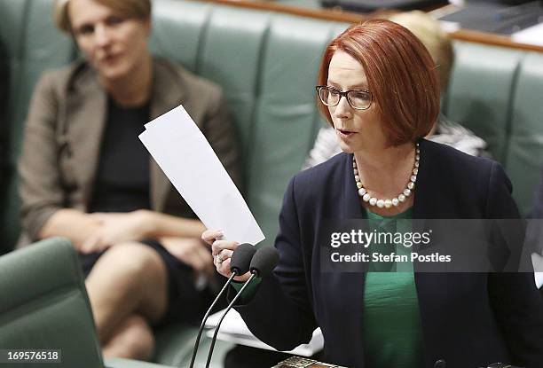 Prime Minister Julia Gillard talks during House of Representatives question time on May 28, 2013 in Canberra, Australia. Prime Minister Gillard today...