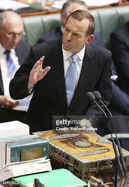 Opposition Leader Tony Abbott talks during House of Representatives question time on May 28, 2013 in Canberra, Australia. Prime Minister Gillard...