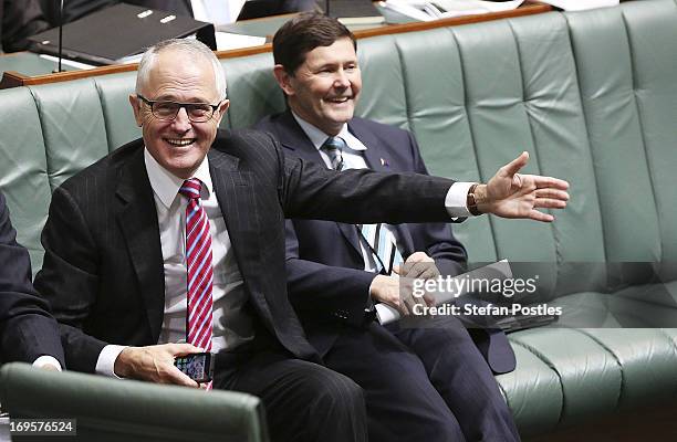 Shadow Minister for Communications and Broadband Malcolm Turnbull smiles during House of Representatives question time on May 28, 2013 in Canberra,...