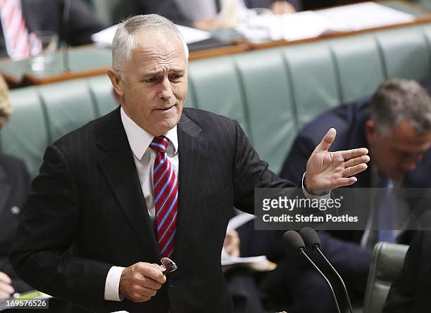 Shadow Minister for Communications and Broadband Malcolm Turnbull talks during House of Representatives question time on May 28, 2013 in Canberra,...