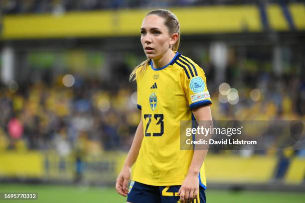 Elin Rubensson of Sweden looks on during the UEFA Women's Nations League match between Sweden and Spain at Gamla Ullevi on September 22, 2023 in...