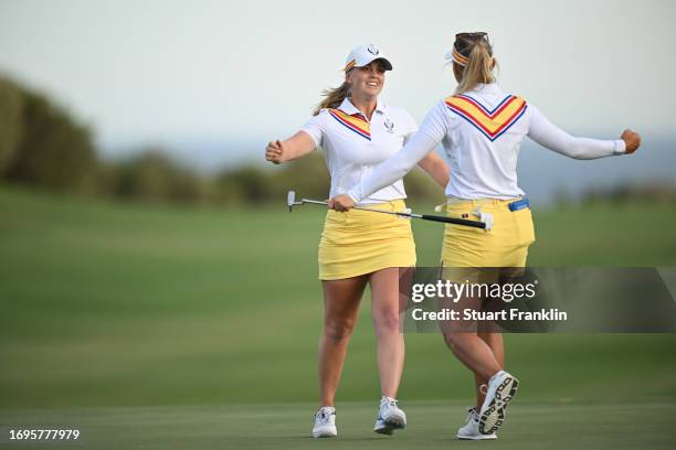 Maja Stark and Emily Kristine Pedersen of Team Europe hug on the 18th green during Day One of The Solheim Cup at Finca Cortesin Golf Club on...