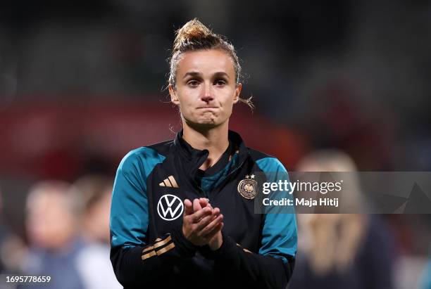 Lina Magull of Germany reacts after the UEFA Women's Nations League match between Denmark and Germany at Viborg Stadium on September 22, 2023 in...