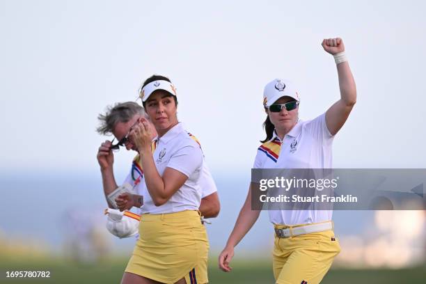 Leona Maguire of Team Europe reacts on the 18th green during Day One of The Solheim Cup at Finca Cortesin Golf Club on September 22, 2023 in Casares,...