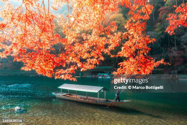 boatman pushing traditional boat on katsura river in autumn, japan - satoyama scenery stock pictures, royalty-free photos & images