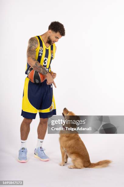 Scottie Wilbekin, #3 poses with his mascot during 2023/2024 Turkish Airlines EuroLeague Media Day Fenerbahce Beko Istanbul at Ulker Sports and Event...