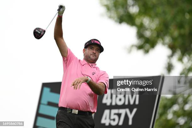 Bubba Watson plays his shot from the third tee during day one of the LIV Golf Invitational - Chicago at Rich Harvest Farms on September 22, 2023 in...