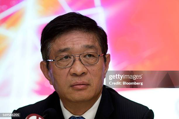 He Guangbei, chief executive officer of BOC Hong Kong Ltd., speaks during a news conference following the company's annual general meeting in Hong...
