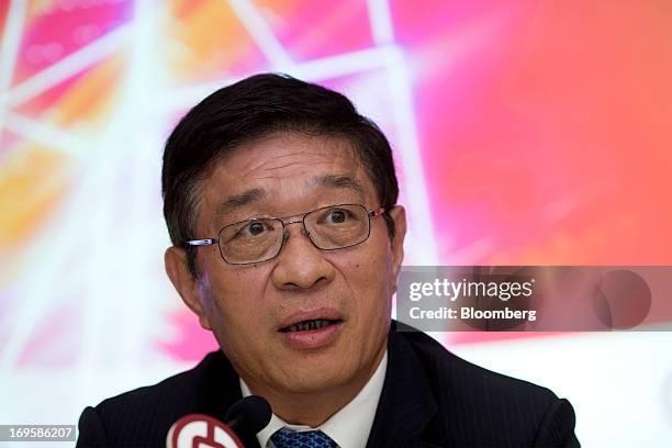 He Guangbei, chief executive officer of BOC Hong Kong Ltd., speaks during a news conference following the company's annual general meeting in Hong...